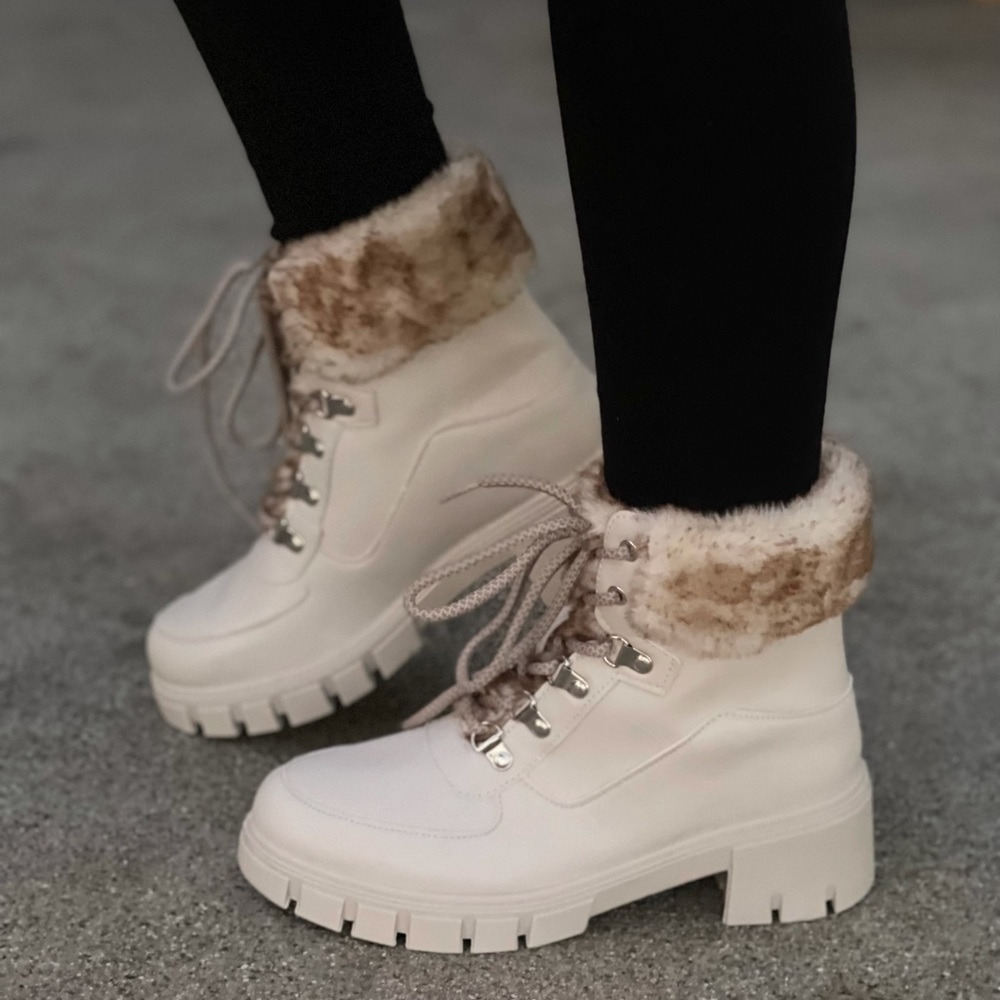 Bone Lace-up Combat boot with faux fur ankle cuff